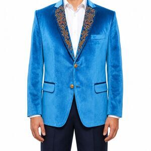 Mens 42R Turquoise Blue Velvet Blazer Hand Embroidered Lapel Tuxedo Suit Jacket